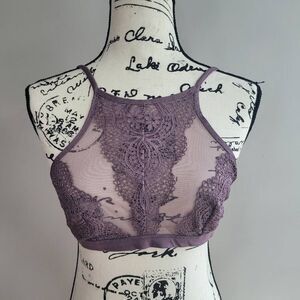 Victoria's Secret medium mauve‎ purple bralette halter neck mesh lace racerback
